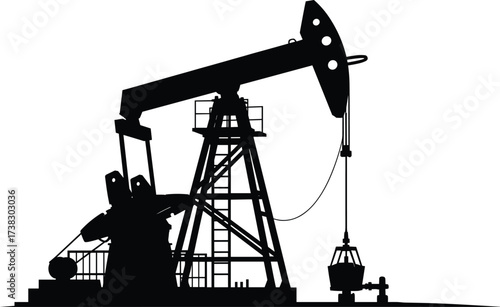 Oil pumpjack silhouette, energy extraction, fossil fuel icon, industrial equipment, black vector, power system, crude oil, minimal design, infrastructure graphic