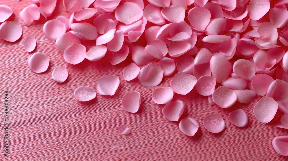 Fototapeta premium Colorful pink petals scattered on a soft pink surface creating a serene and romantic atmosphere for special occasions or decorative purposes