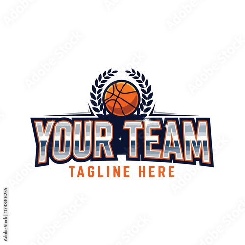 Vector art of a basketball team logo featuring a basketball with a laurel wreath and customizable text fields for team name
