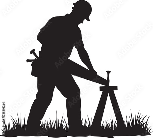Silhouette of a carpenter sawing wood on a sawhorse
