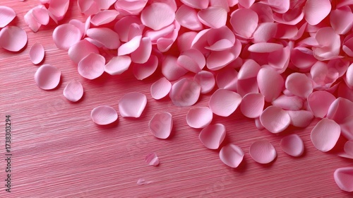 Colorful pink petals scattered on a soft pink surface creating a serene and romantic atmosphere for special occasions or decorative purposes