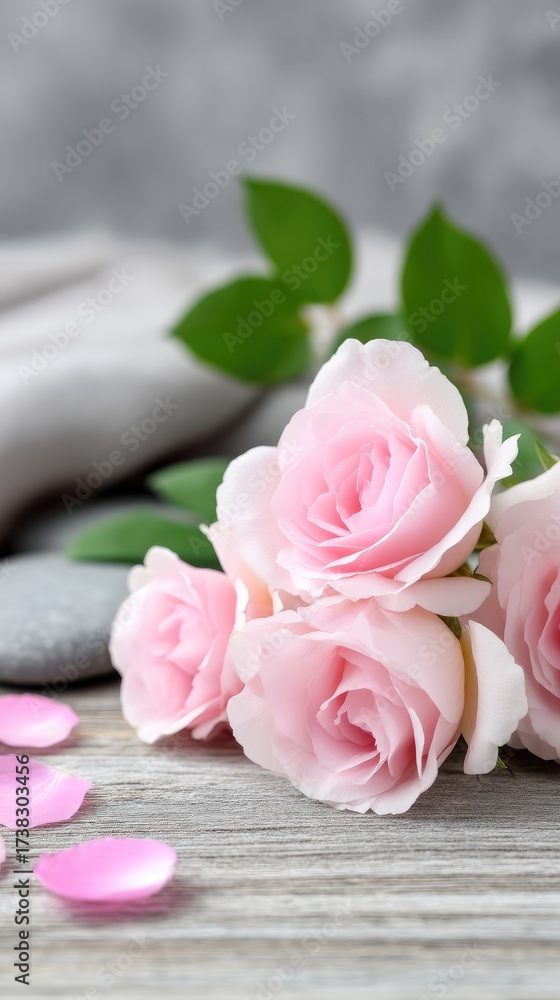 Fototapeta premium Soft pink roses arranged with smooth stones and green leaves create a serene and calm atmosphere perfect for relaxation and contemplation