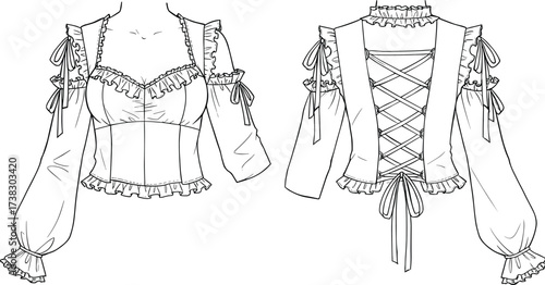 Victorian corset blouse flat sketch, women’s fashion top with ruffle sleeves, lace up back, puff sleeve design, sewing pattern, cad clothing illustration