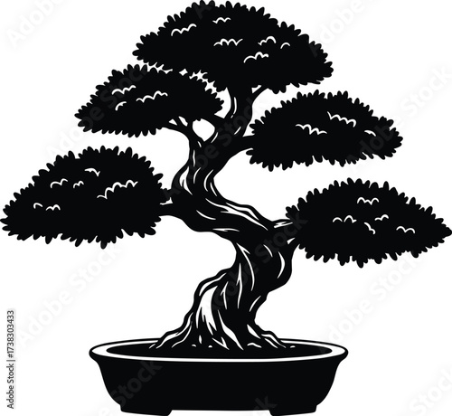 Black vector silhouette illustration of a bonsai pine tree isolated on a white background