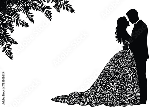 Black silhouette vector of a bride and groom in a wedding dress with a floral design for romance and beauty illustration