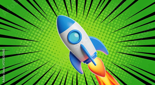 Cartoon rocket launch illustration in comic pop art style. Spaceship for startup success, business growth, and future innovation