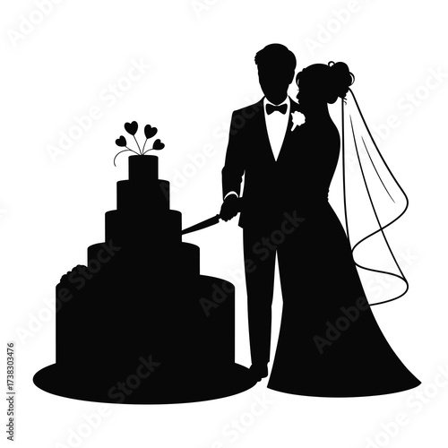 Elegant silhouette of a bride and groom cutting their wedding cake