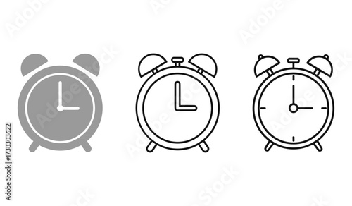 Three alarm clock icons in grey and black line art time symbol