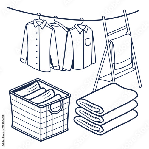 Clean laundry drying on a clothesline and a folding rack next to a basket of folded clothes and a stack of towels