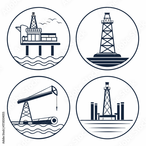 Collection of stylized offshore oil and gas industry icons representing drilling platforms and pump jacks on water