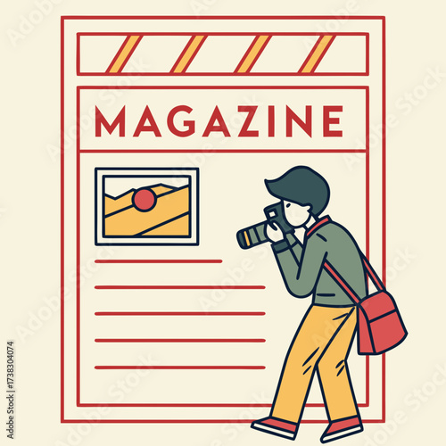 Creative cartoon photographer capturing an image for a magazine article with a camera and bag