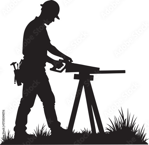 Silhouette of a carpenter sawing wood on a sawhorse outdoors
