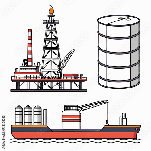 Illustrations of an offshore oil rig a large storage barrel and a cargo ship carrying containers and tanks