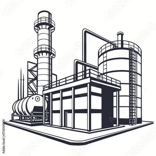 Industrial factory complex with distillation tower storage tanks and pipelines in a clean graphic illustration style