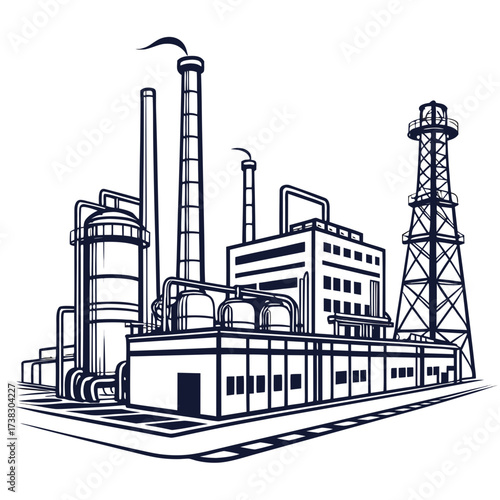 Industrial factory complex with smokestacks and towers representing manufacturing and production in a clean line art style