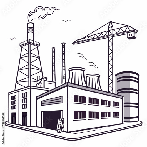 Industrial factory complex with smoking chimneys cooling towers and construction crane under a sky with birds