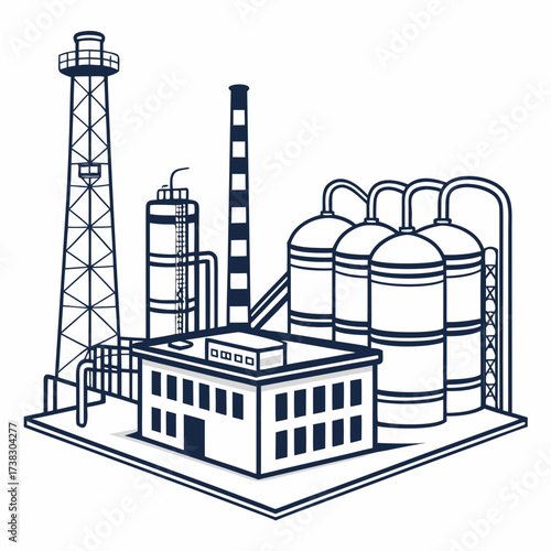 Industrial factory complex with storage tanks a tall smokestack and a drilling rig tower illustration