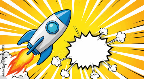 Cartoon rocket launch, comic pop art spaceship explosion