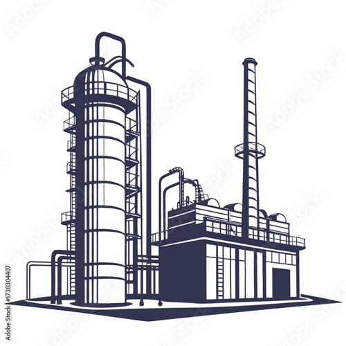 Industrial oil refinery complex with distillation towers and smokestack against a white background vector illustration