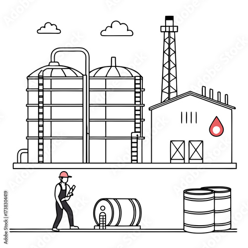 Industrial oil refinery complex with storage tanks drilling rig factory building and worker inspecting barrels