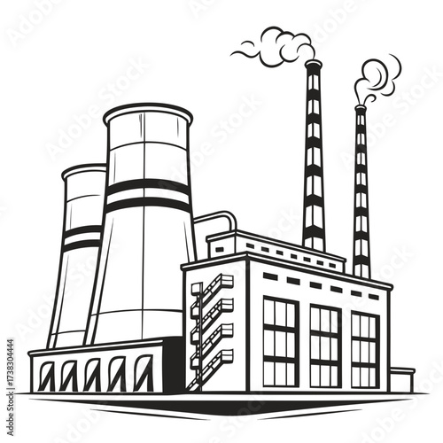 Industrial power plant with cooling towers and smokestacks emitting steam and smoke against a white background