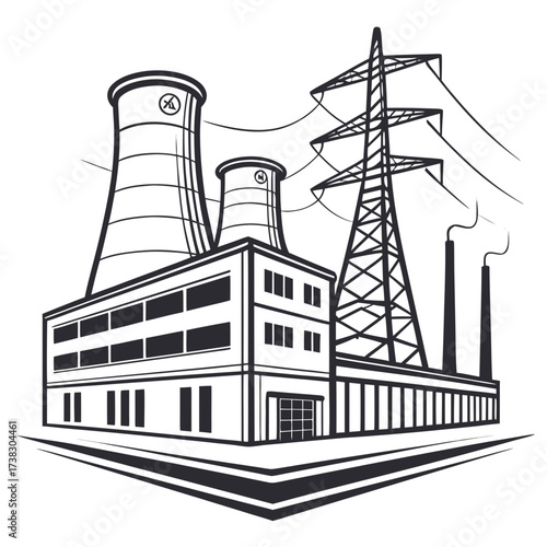 Industrial power plant with cooling towers and electricity transmission tower emitting smoke and steam