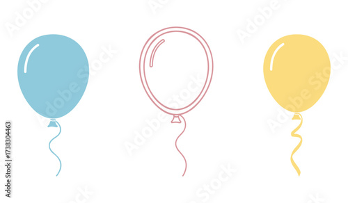 Three balloons one blue one pink outline one yellow with ribbons on white background blue balloon pink balloon