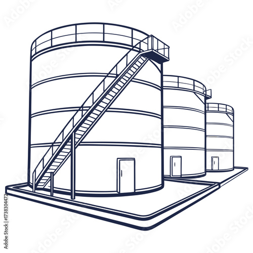 Industrial storage tanks with exterior staircase and doors illustration on a white background