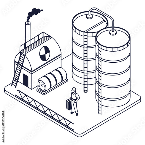Isometric illustration of a factory with storage tanks and a worker holding a briefcase standing on a platform
