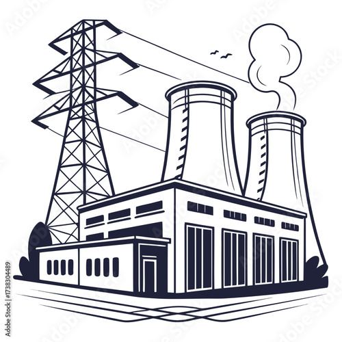 Industrial power plant with cooling towers emitting steam and high voltage electricity transmission tower with power lines