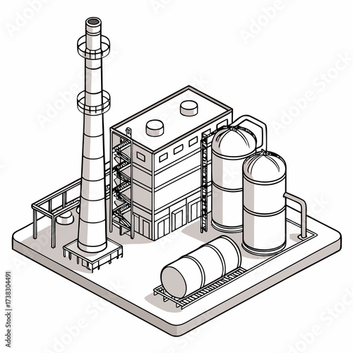 Isometric illustration of a modern industrial factory complex with a tall smokestack and storage tanks