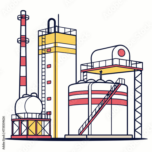 Modern industrial complex with storage tanks and a tall smokestack against a white background