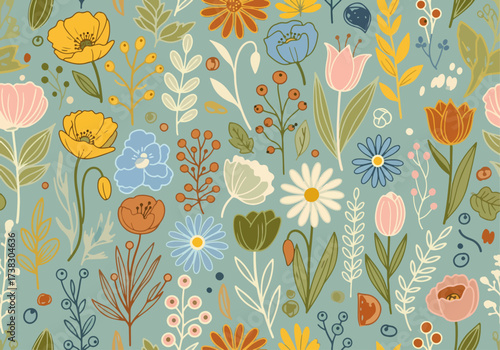 Seamless Flower Pattern. Seamless vector pattern with flowers and nature motif.