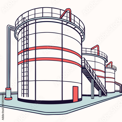 Modern industrial storage tanks with pipes and ladders in a clean graphic illustration style