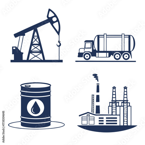 Set of four dark blue oil industry icons including a pumpjack tanker truck oil barrel and refinery plant