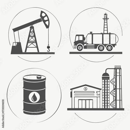 Oil industry icons including a pumpjack oil rig a tanker truck a barrel and a refinery plant