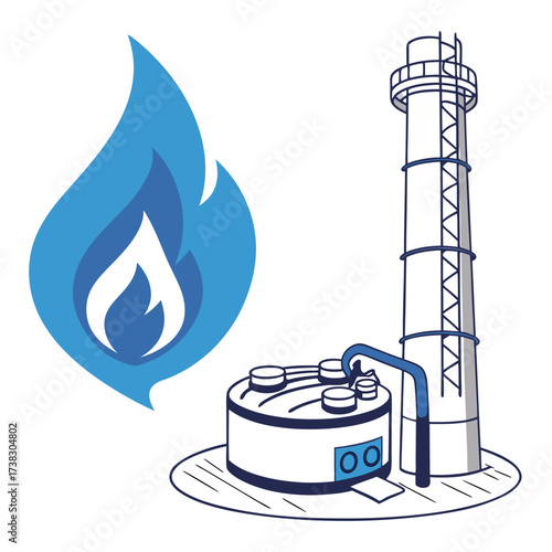 Stylized illustration of a natural gas plant with a blue flame symbol representing energy and fuel production