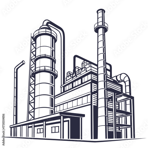 Stylized illustration of a modern industrial factory complex with tall towers and pipelines against a white background