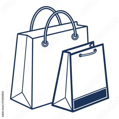Two simple outline shopping bags with handles in a dark blue line drawing on a white background