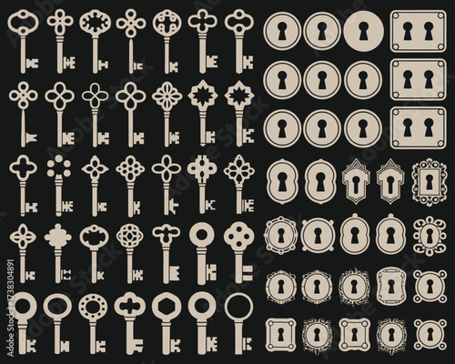 Vintage Style Vector Illustration Set with Big Silhouettes of Keys, Locks, and Old Keyholes on Black Background – Perfect for Decorative Design Elements