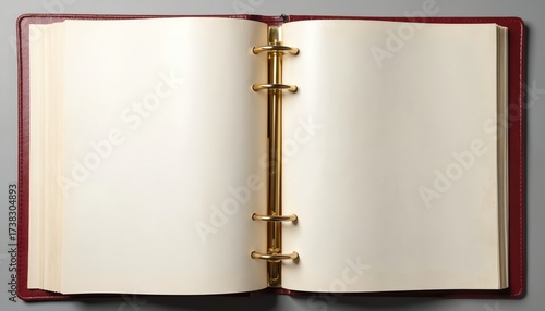 Wallpaper Mural Open red binder album with blank cream pages for photos or writing. Empty inside cover shows textured paper and golden rings. This album ready for memories. Torontodigital.ca