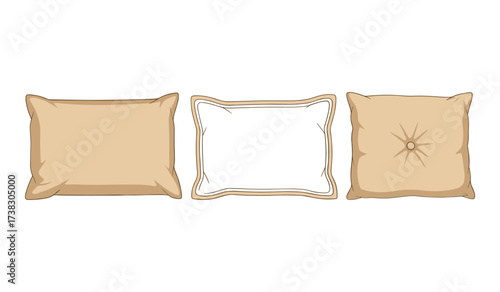 Three beige pillows one tufted one with decorative trim and one plain brown cushion