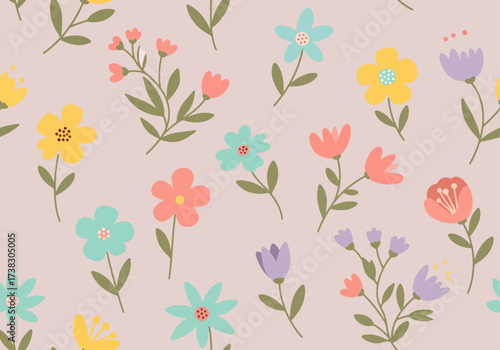 Seamless floral pattern with simple vintage flowers