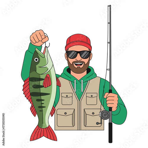 Excited fisherman proudly displays his catch of the day, holding a large fish and fishing rod, ready for outdoor adventure