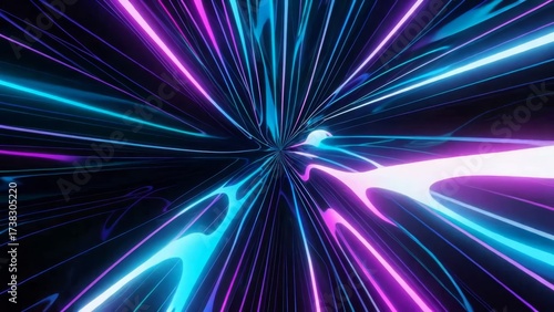 Hyper-real 3D render in ultra HD 4K, vivid neon ribbons converge toward a bright vanishing point, realistic textures, precise lighting, depth of field, cinematic realism.