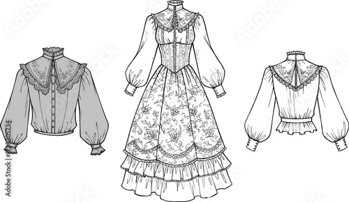 Victorian vintage dress flat sketch, elegant women’s gown with lace collar, puff sleeves, layered skirt design, sewing pattern, fashion CAD vector illustration