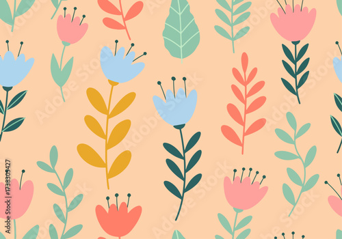 Seamless floral pattern with simple vintage flowers