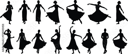 Vector set of black silhouettes of women and people in various poses, including shopping, fashion, dance, and business styles