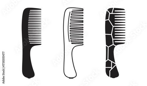 Combs vector set. Three black hair combs in different styles on a white background, isolated, icon