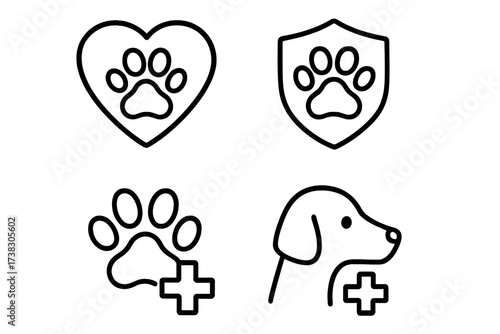 Pet health and insurance icon set. Veterinary care symbols for dog and cat. Animal love, protection shield, paw print with medical cross. Flat line vector icons for logo, app, UI.